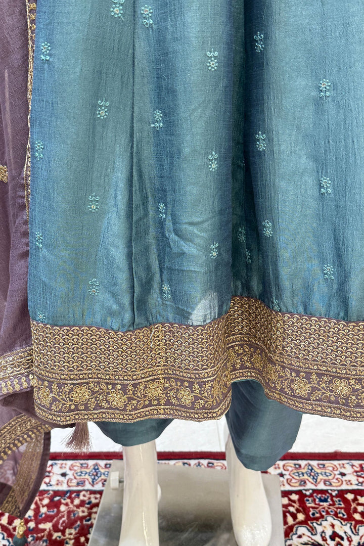 Greenish Blue Beads, Zardozi, Thread, Sequins, Stone and Zari work A-line Cut Salwar Suit