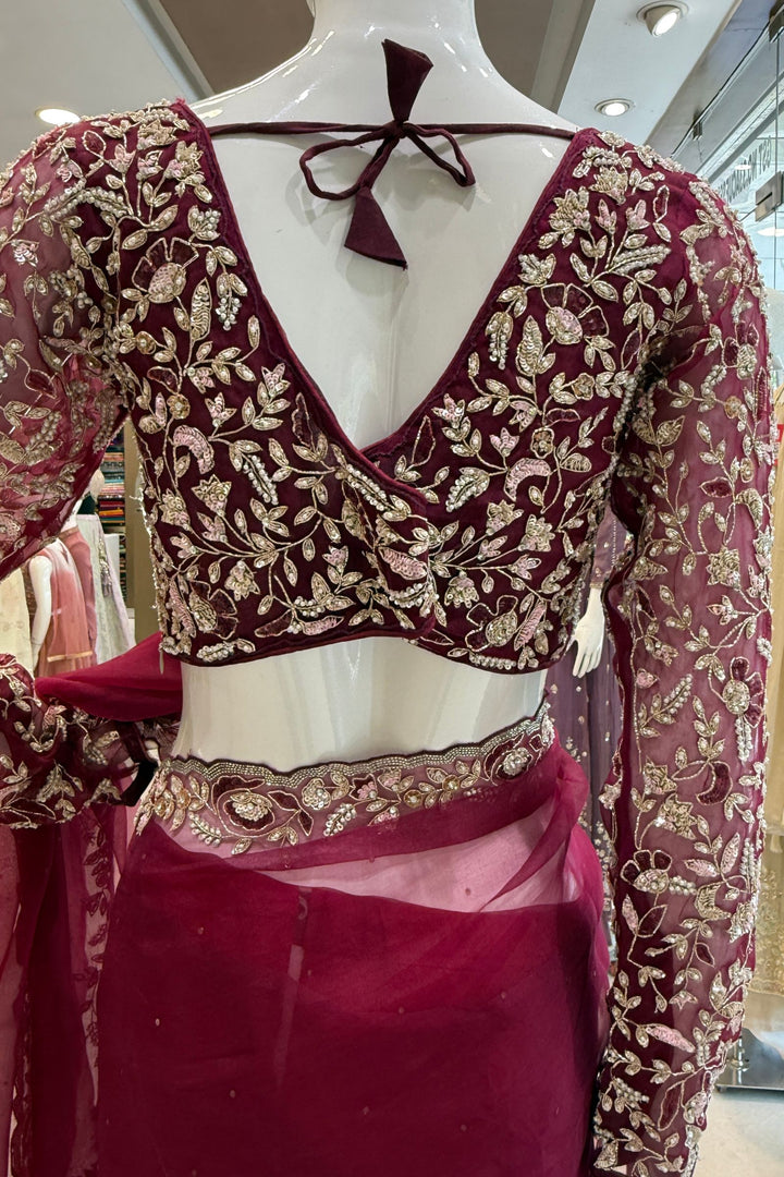 Wine Sequins, Beads, Stone and Pearl work Organza Saree with Designer V-Neck Blouse