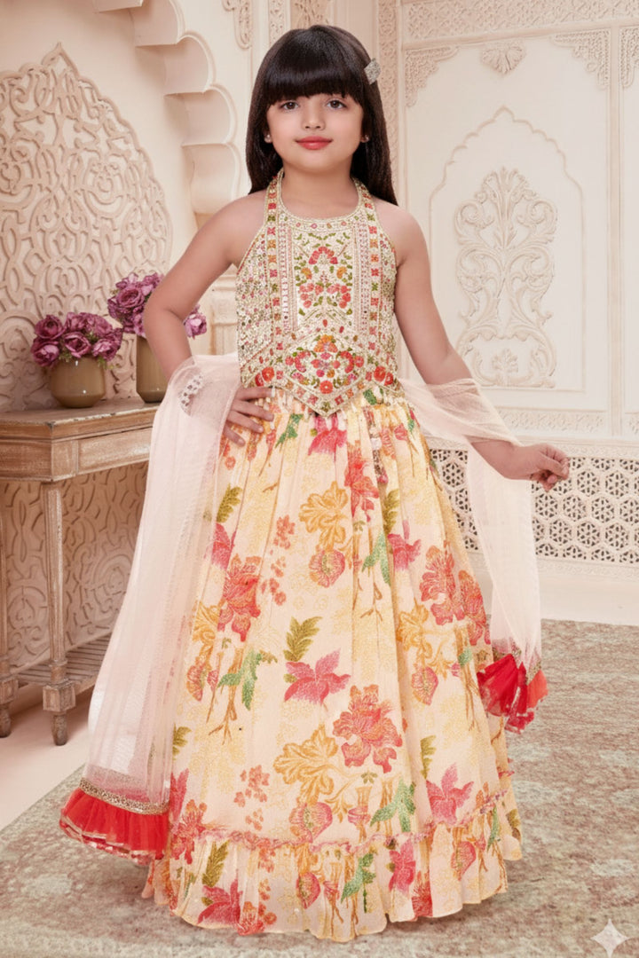 Cream Mirror, Stone and Beads work with Multicolor Digital Print Lehenga Choli for Girls