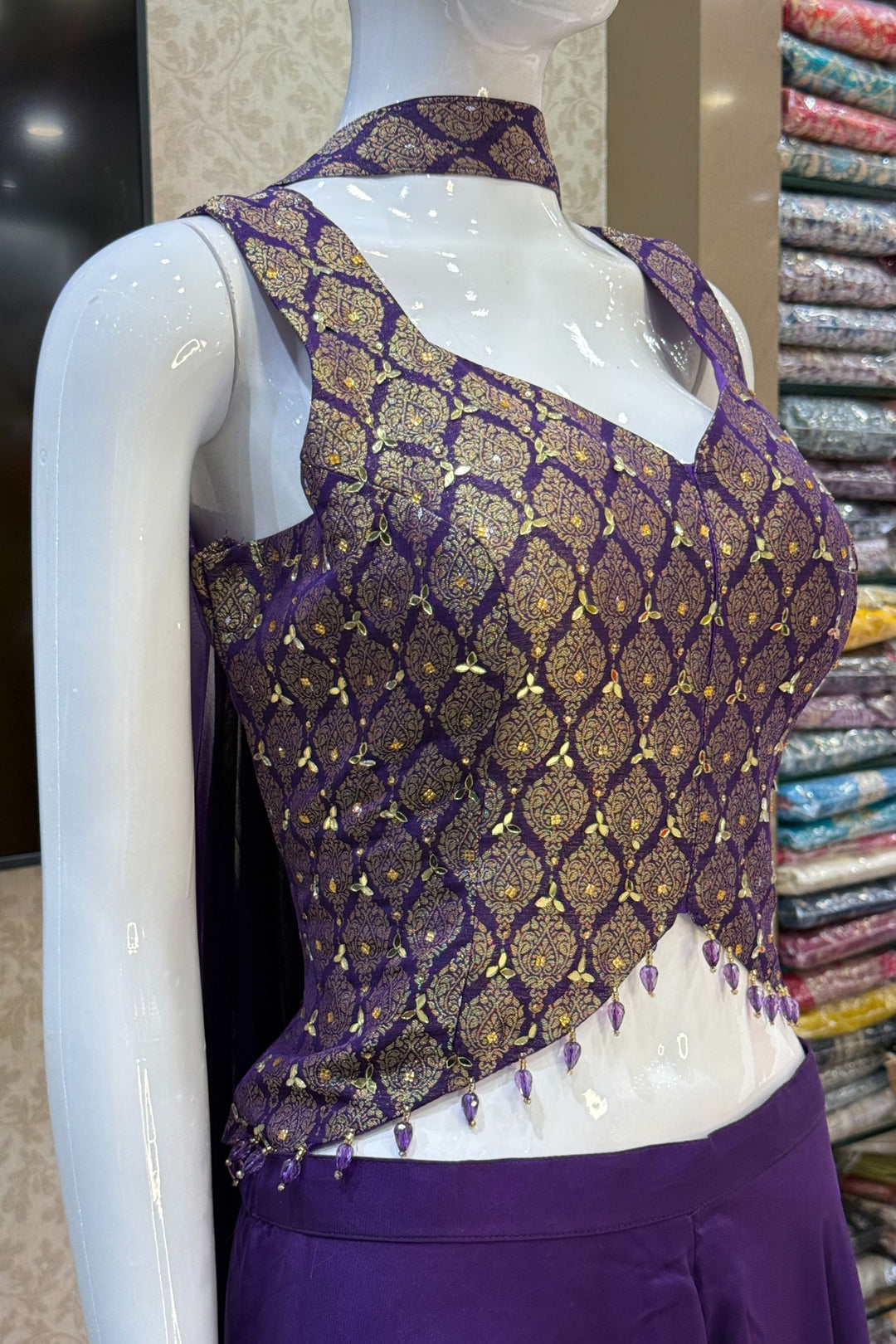 Purple Mirror, Stone and Banaras work Palazzo Suit Set