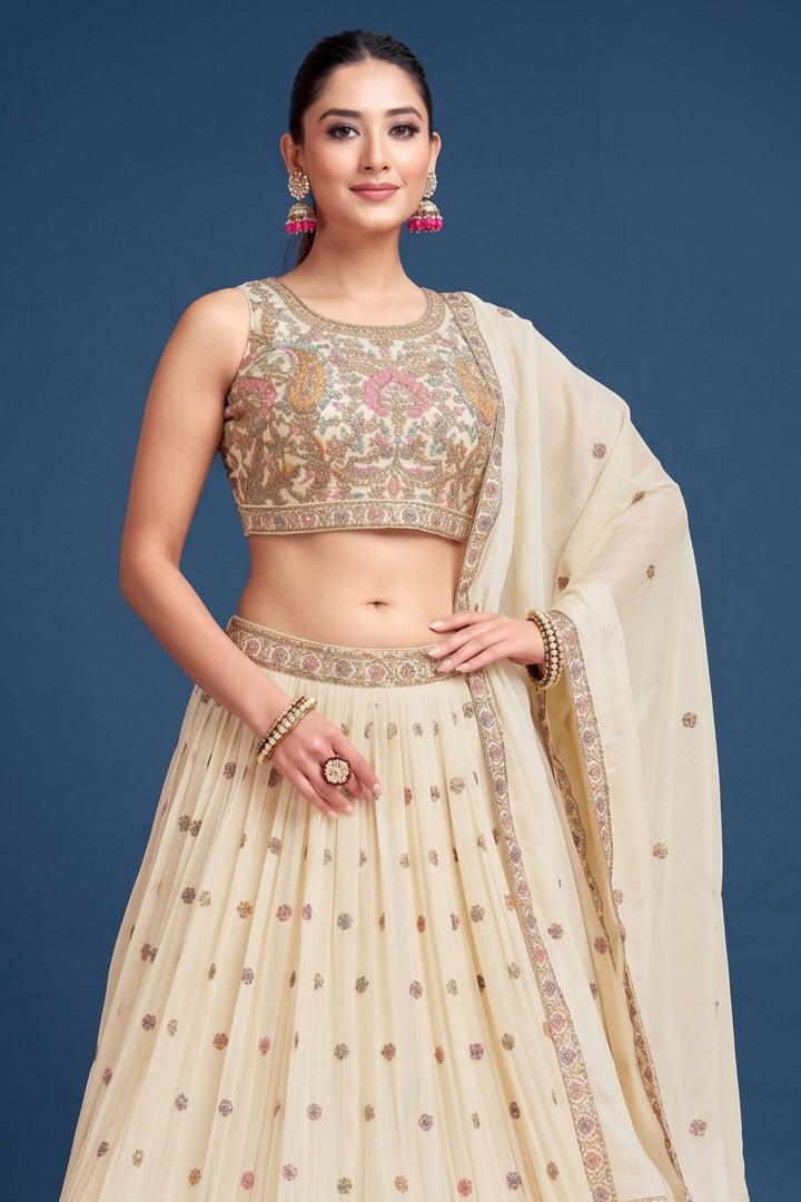 Cream Multicolor Embroidery, Sequins and Zari work Lehenga Set