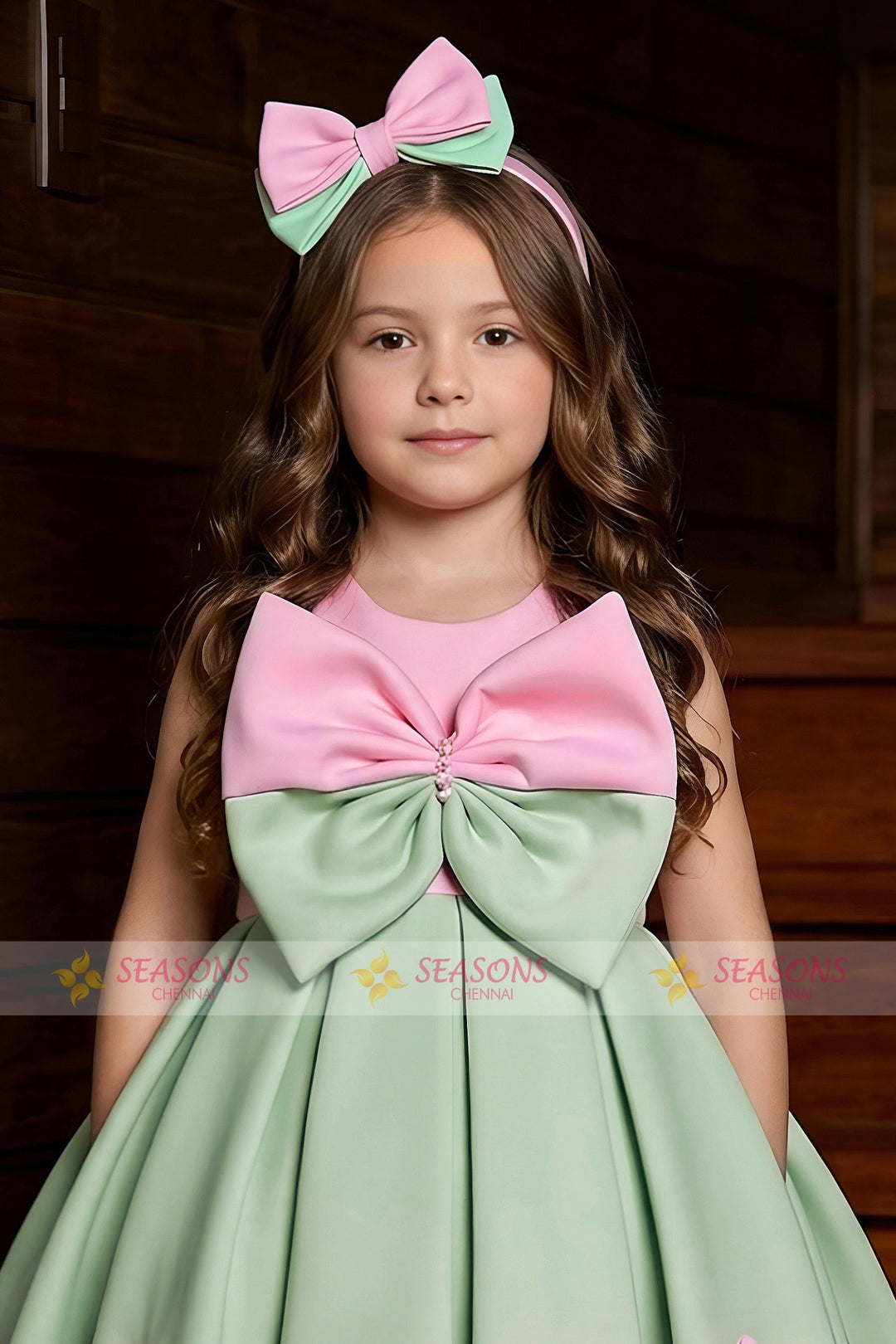 Pastel Green with Pink Bow Embellished Short Partywear Frock for Girls