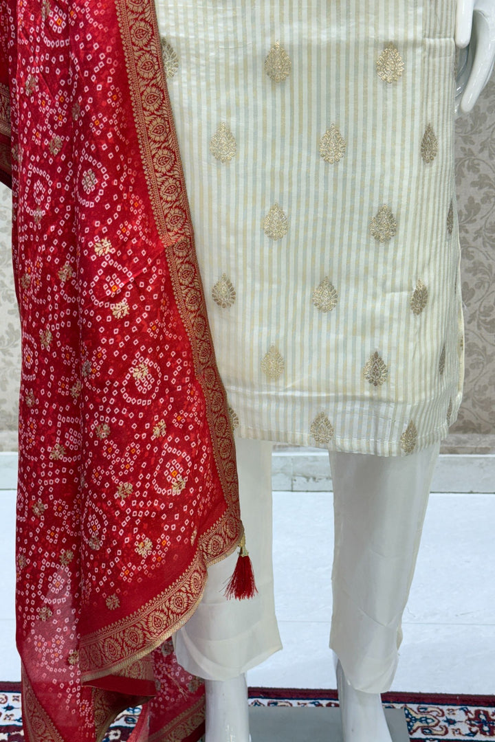 Cream Beads, Thread and Banaras work Straight Cut Salwar Suit with Bandini Print Dupatta