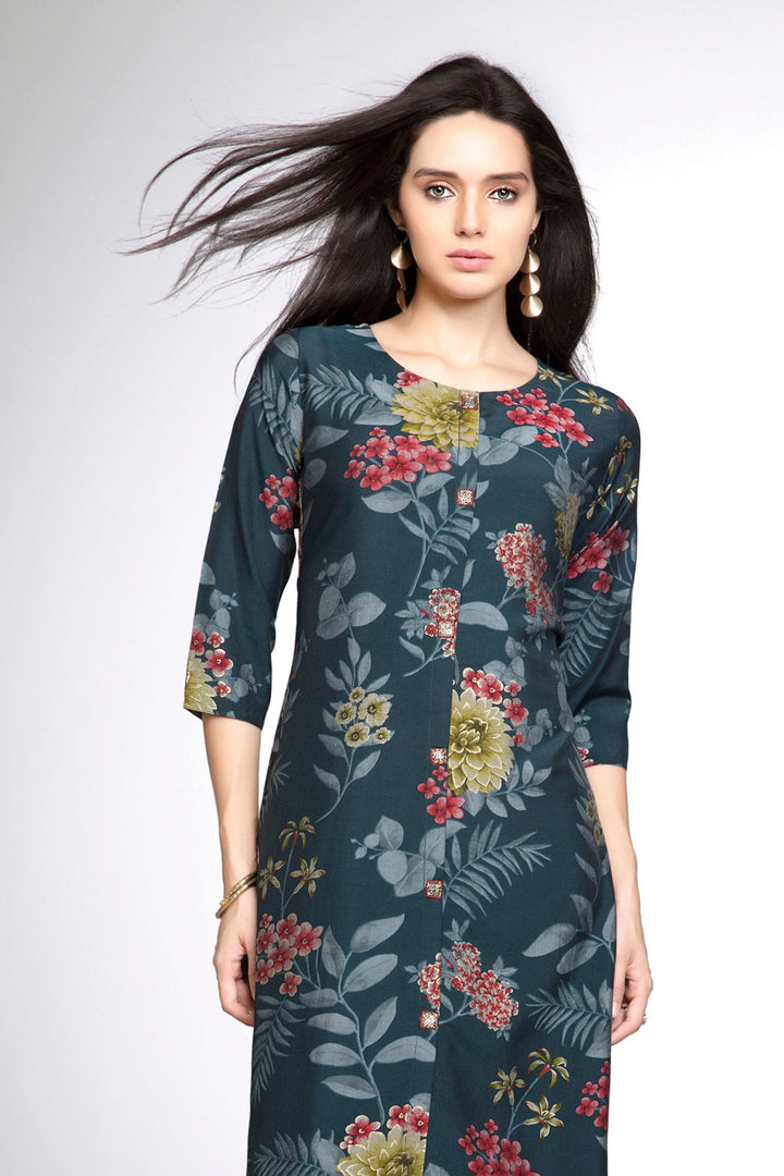 Grey Floral Print Calf Length Kurti