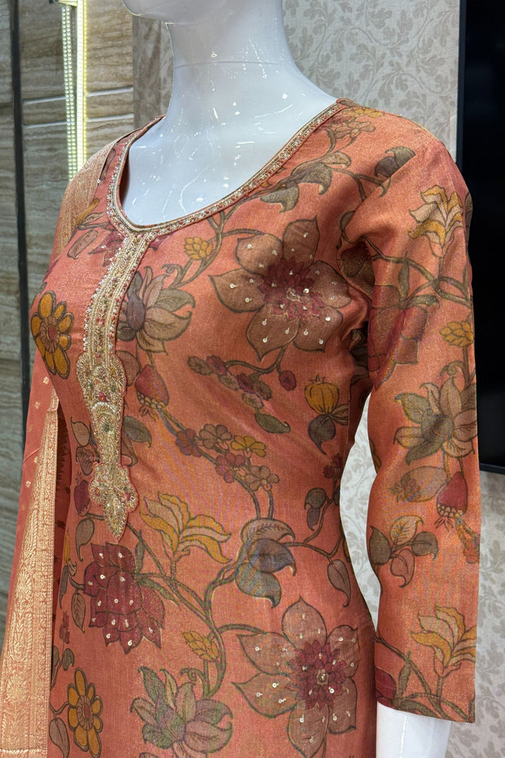 Rust Orange Sequins, Beads, Zardozi and Banaras work Straight Cut Salwar Suit