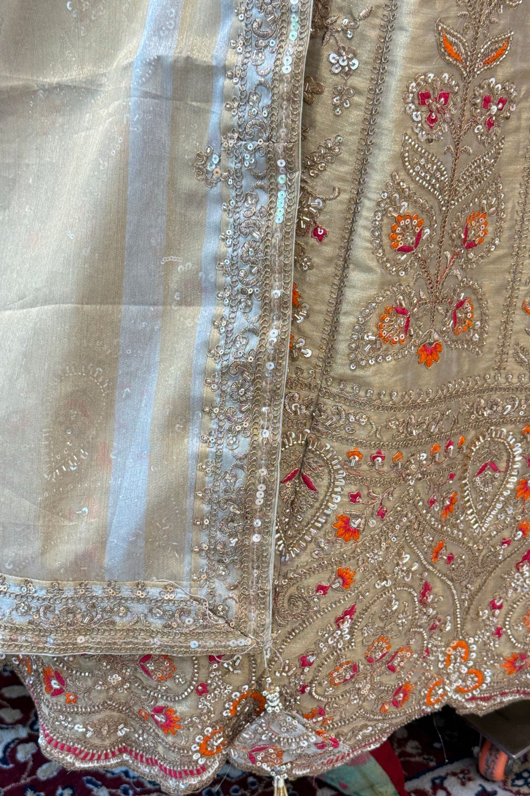 Light Grey Zari, Beads, Sequins and Multicolor Embroidery work Crop Top Designer Bridal Lehenga