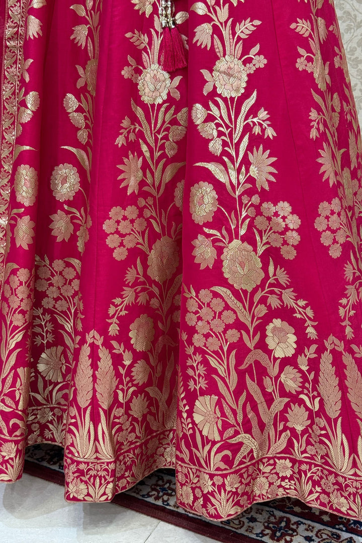 Rani Pink V-Neck Lehenga Choli with Zari, Beads, Sequins and Brocade Work