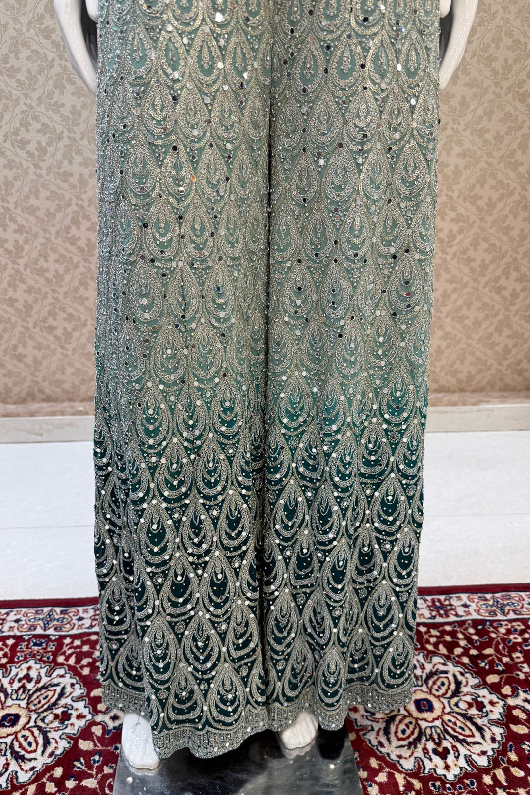 Sea Green with Peacock Green Sequins and Beads work Crop Top with Palazzo Pant