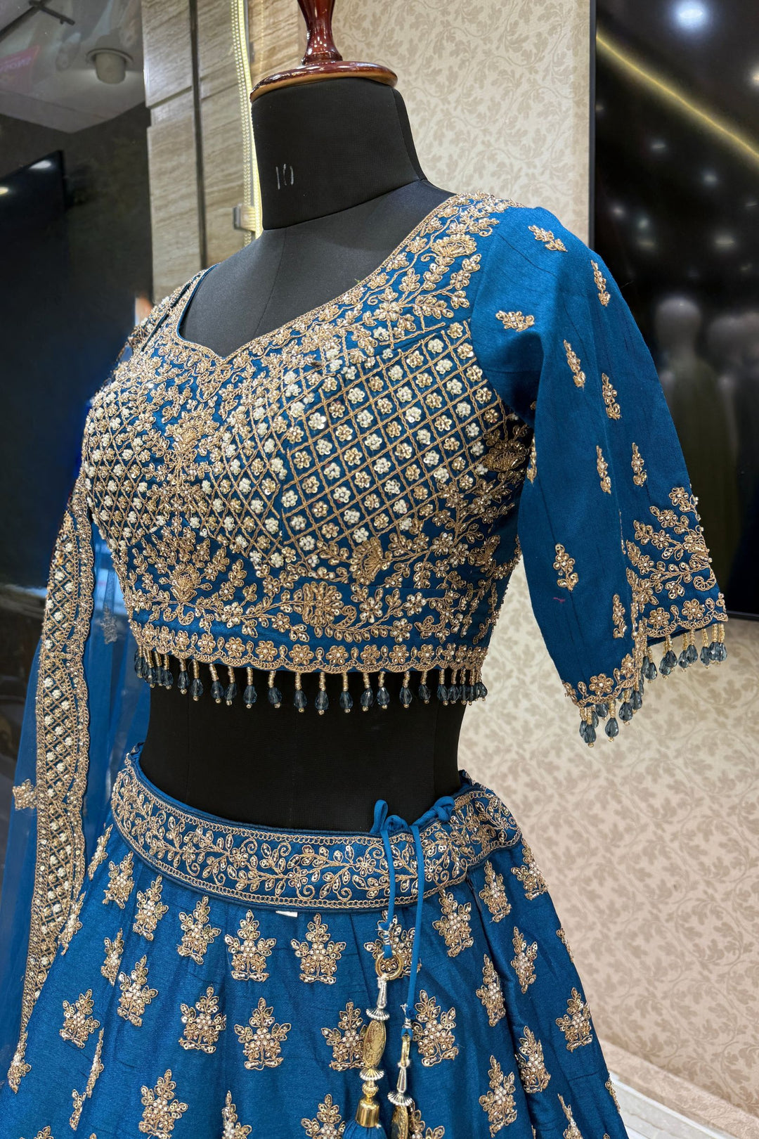Teal Blue Beads, Zari, Zardozi and Sequins work Crop Top Designer Bridal Lehenga with Belt