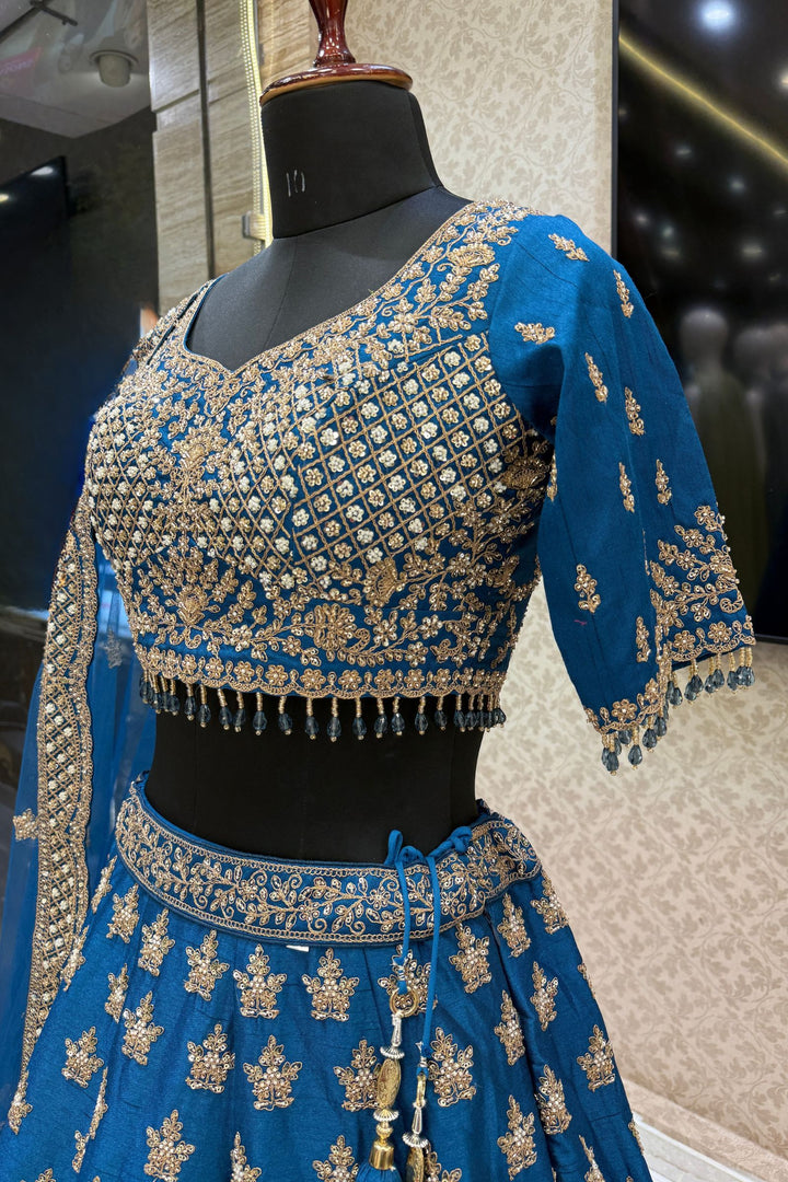 Teal Blue Beads, Zari, Zardozi and Sequins work Crop Top Designer Bridal Lehenga with Belt