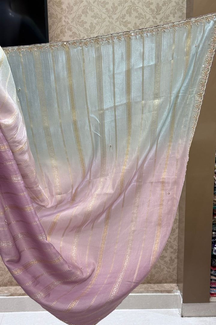Elegant Lavender and Blue Saree with Golden Zari Stripe Detailing