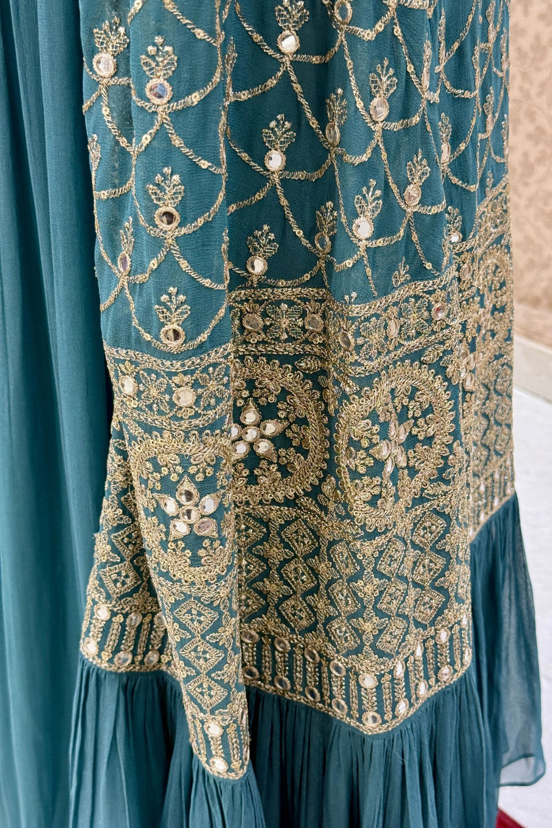 Green Mirror, Zardozi, Sequins and Beads work Overcoat Styled Palazzo Suit Set