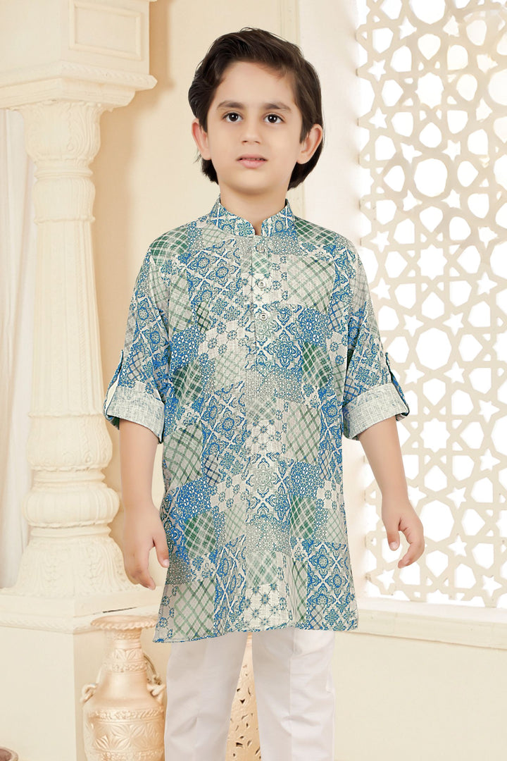 Green with White Printed Kurta Set for Boys