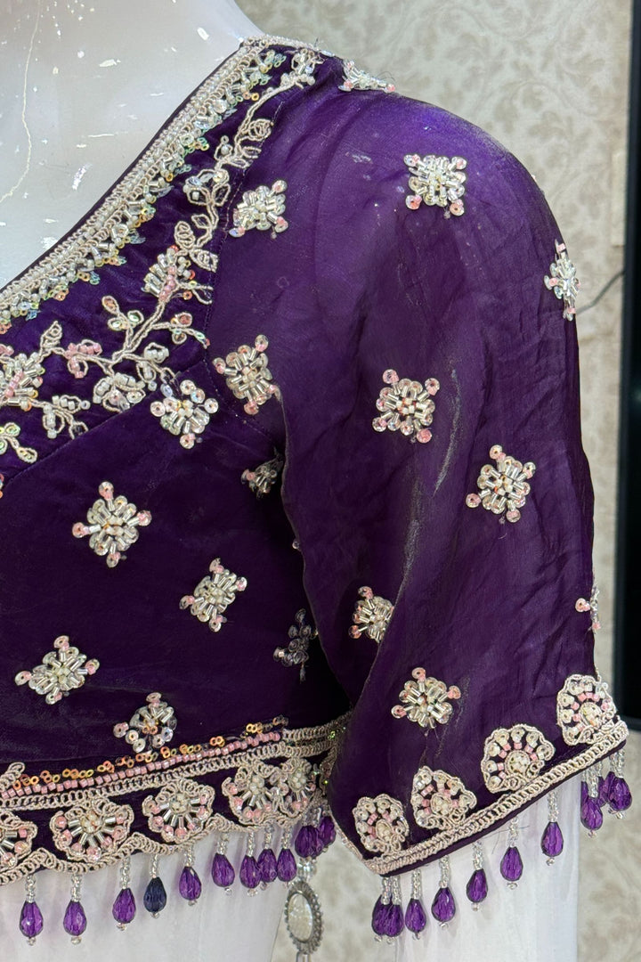 Purple Beads, Zari, Thread and Sequins work Crop Top Bridal Lehenga