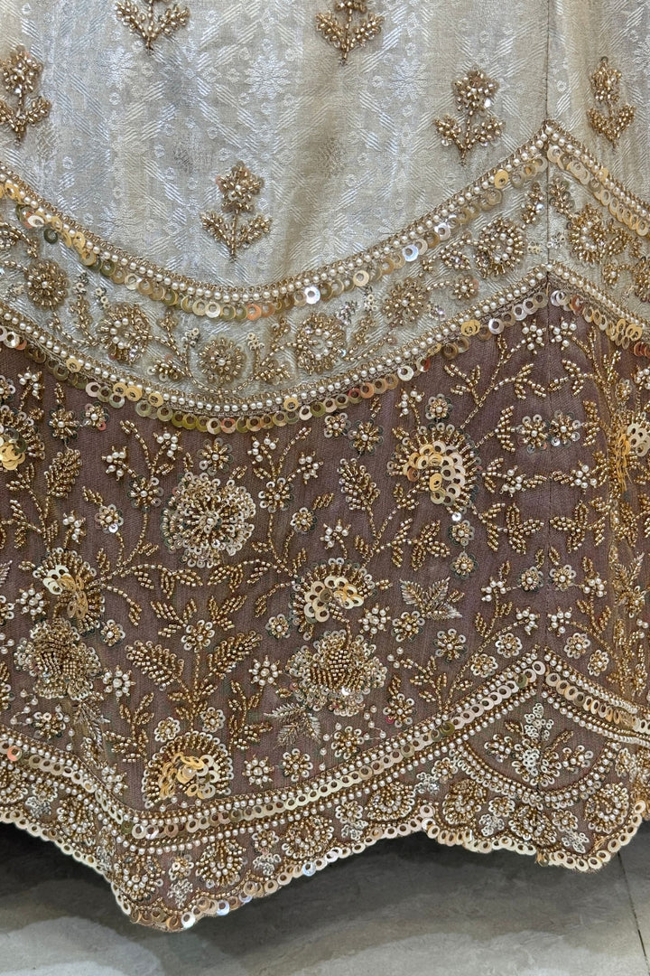 Cream with Lavender Sequins, Pearl, Beads and Zardozi work Crop Top Designer Bridal Lehenga