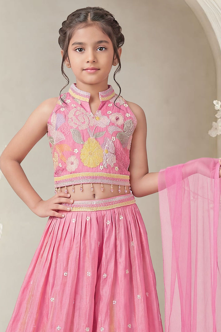 Pink Floral Embroidered Lehenga Set with Matching Dupatta for Girls