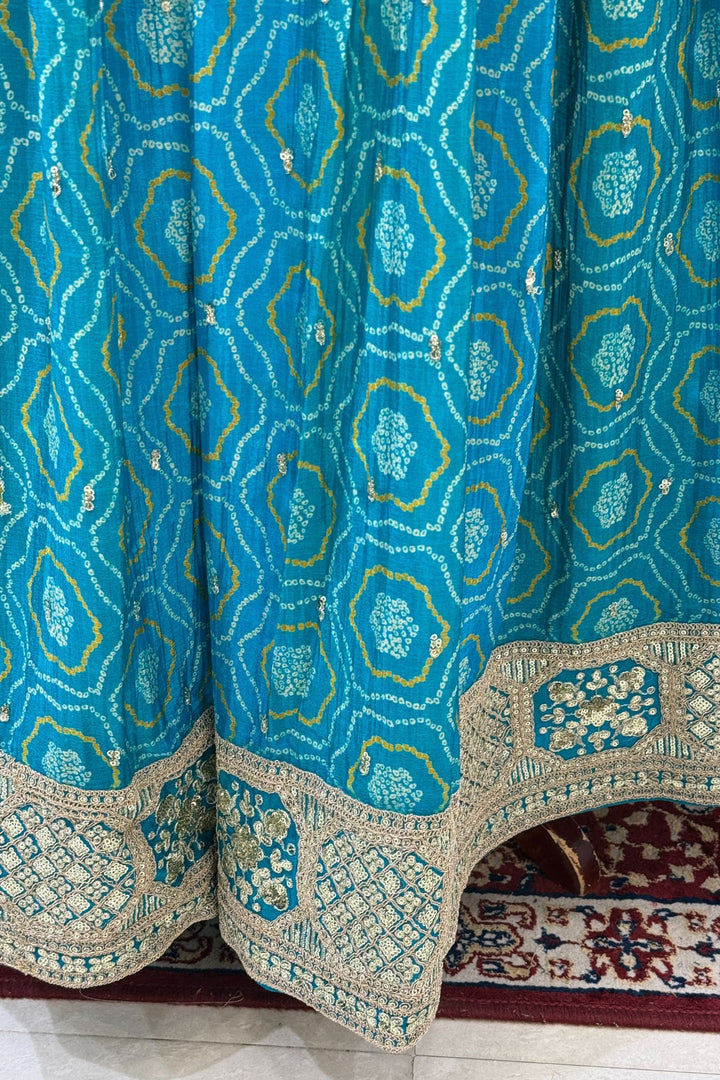 Rama Blue Stone, Zardozi, Sequins and Mirror work with Bandini Print Crop Top Lehenga