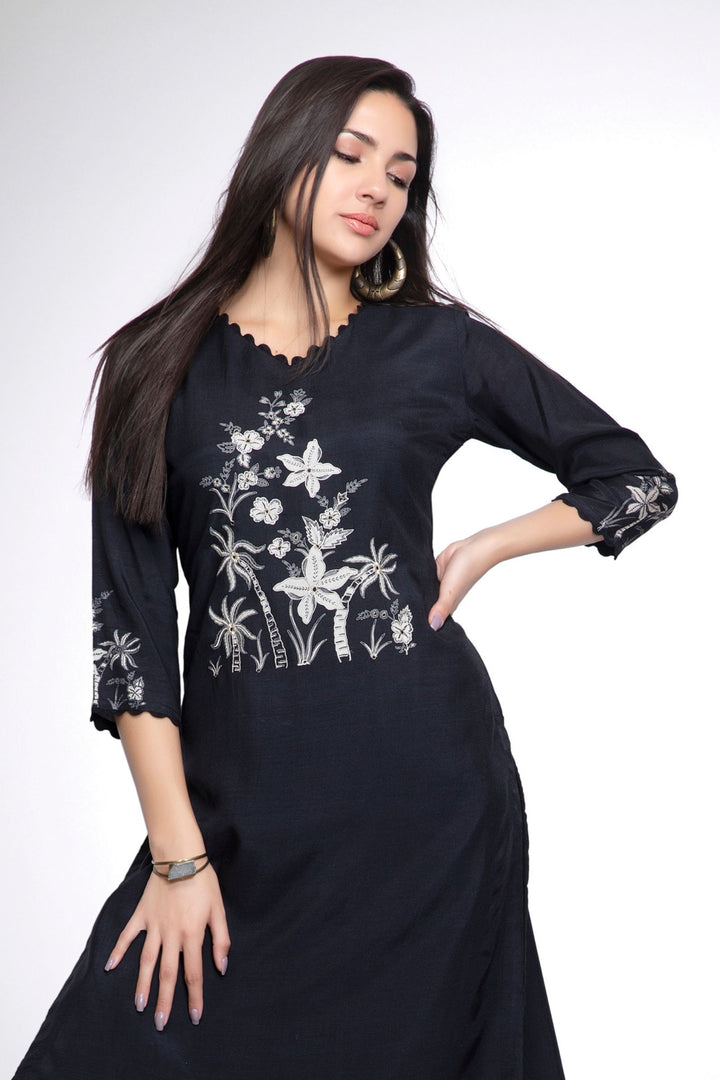 Black Embroidery work Calf Length Kurti