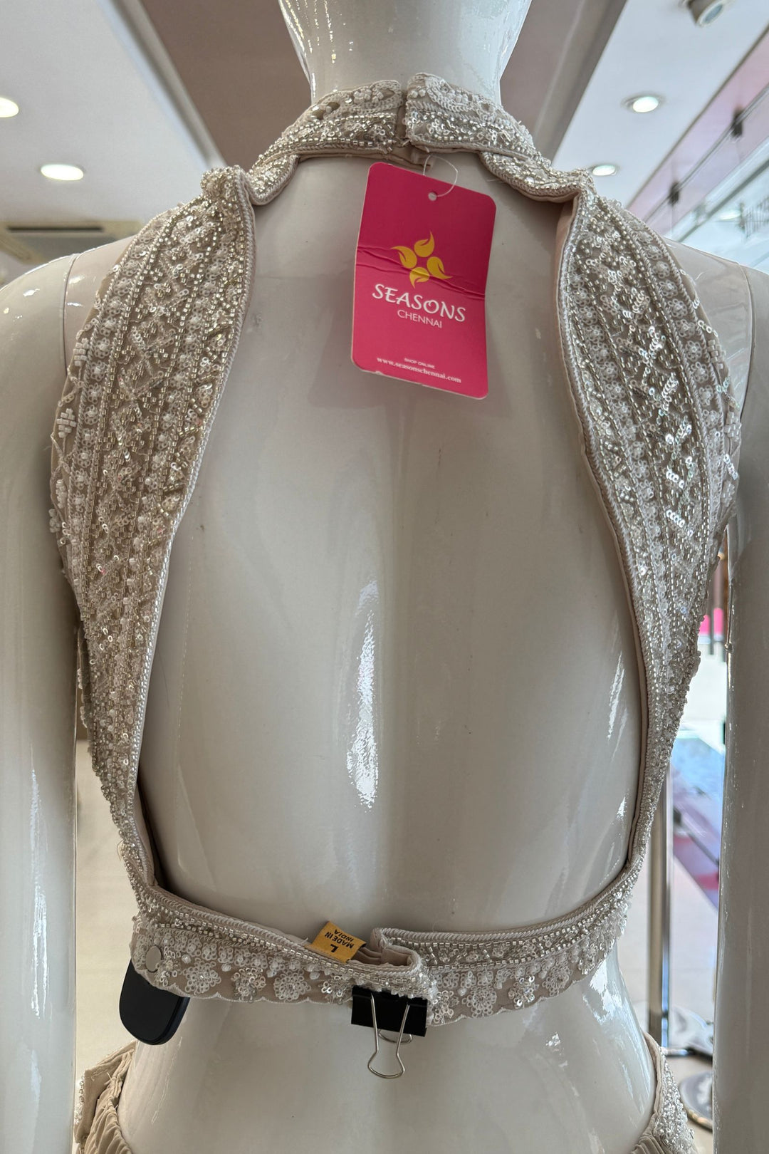 Beige Beads, Sequins and Thread work Halter Neck Palazzo Set