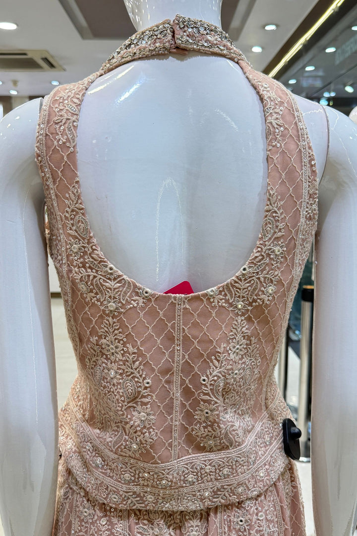 Peach Halter Neck Palazzo Set with Chikankari, Beads, Sequins, Mirror and Stone Detailing