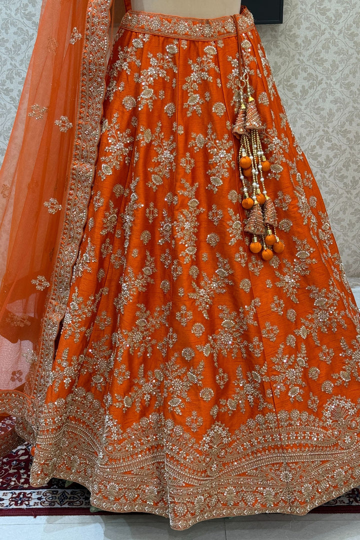 Orange Beads, Zari, Zardozi and Sequins work Crop Top Designer Bridal Lehenga with Belt