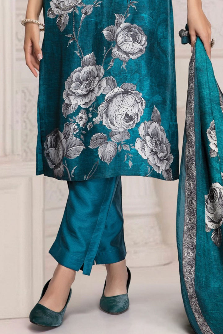 Blue Sequins and Beads work with Floral Print Straight Kurta Set