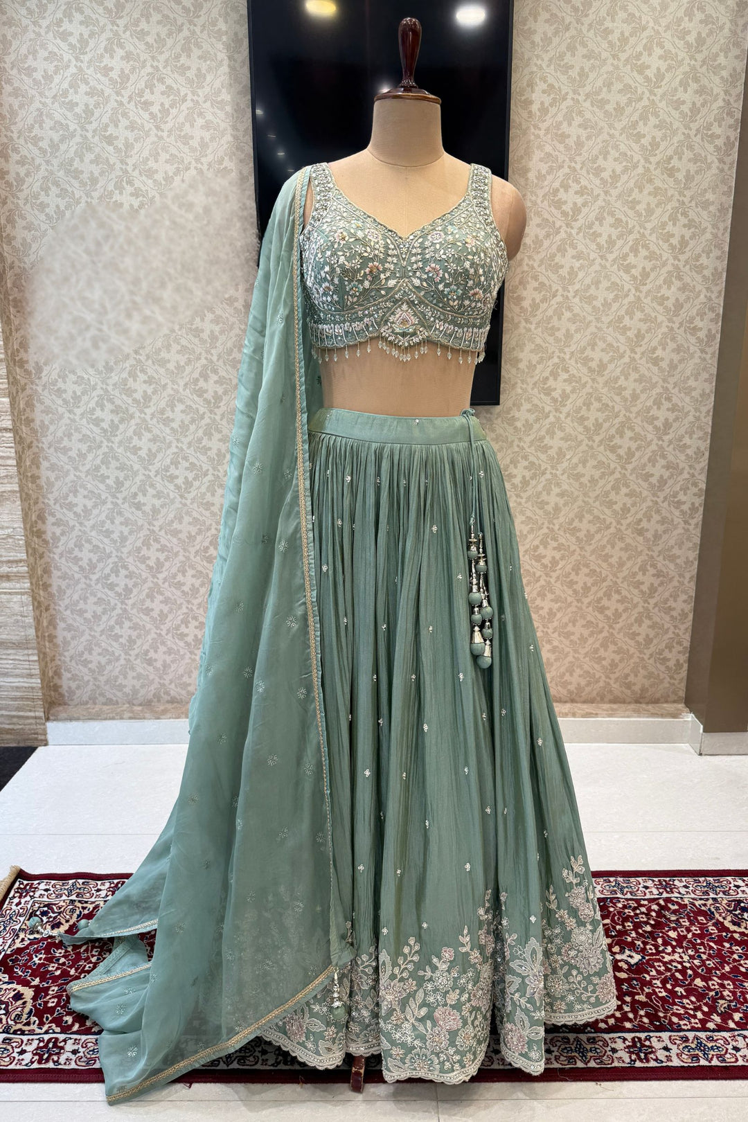 Sea Green Mirror, Stone, Zardozi, Beads and Embroidery work Lehenga