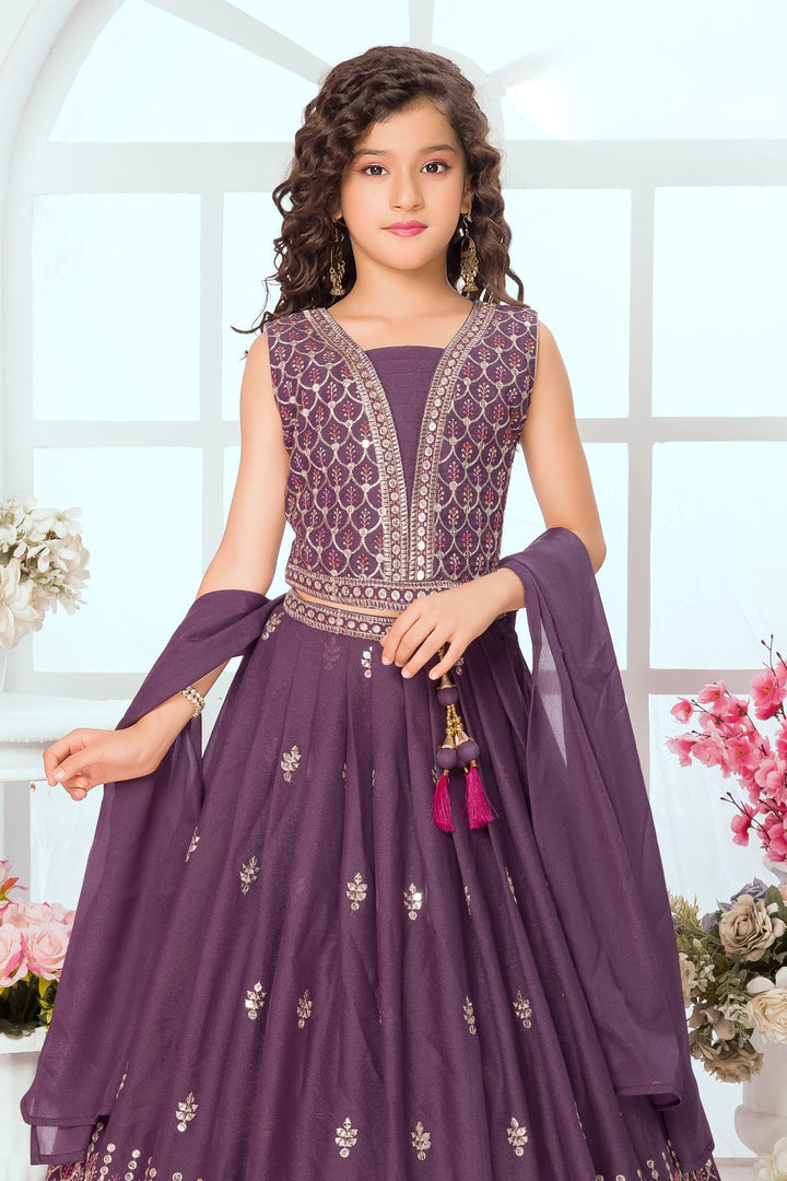 Purple Zari, Sequins and Multicolor Thread work Lehenga Choli for Girls
