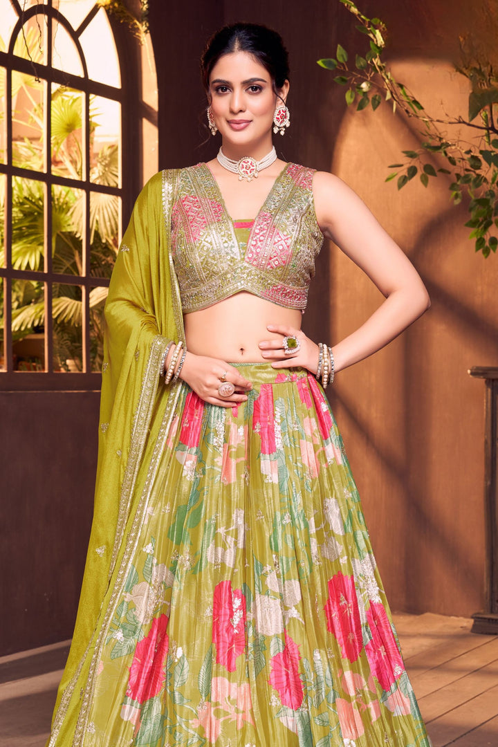 Liril Green Sequins and Zari work with Multicolor Digital Print Crop Top Lehenga