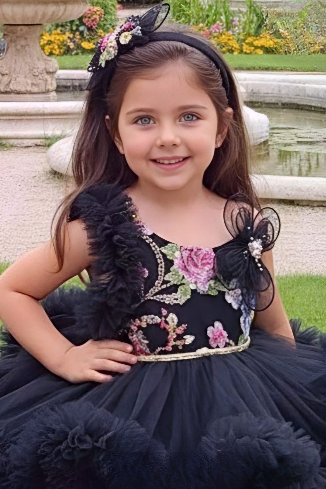 Black Sequins and Zari work Tail Cut Double Layered Partywear Frock for Girls