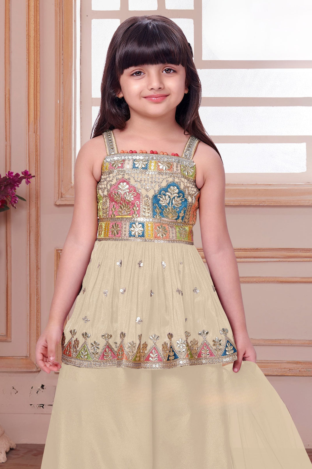 Cream Multicolor Thread, Sequins and Zari work Palazzo Suit Set for Girls