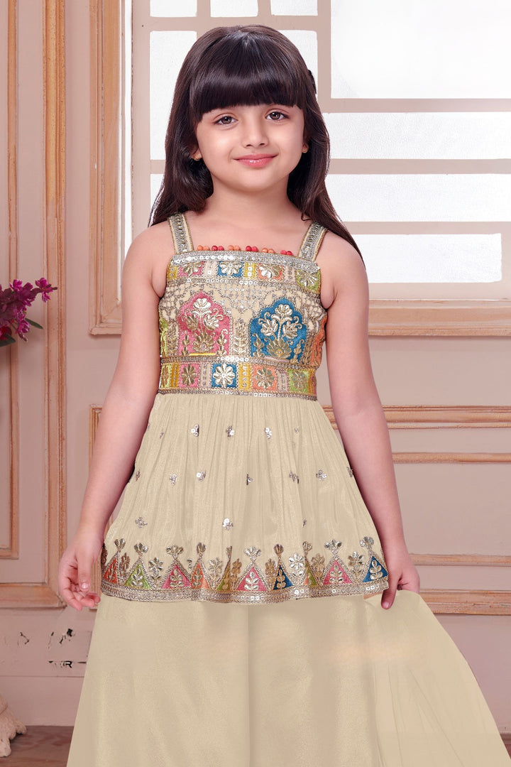 Cream Multicolor Thread, Sequins and Zari work Palazzo Suit Set for Girls