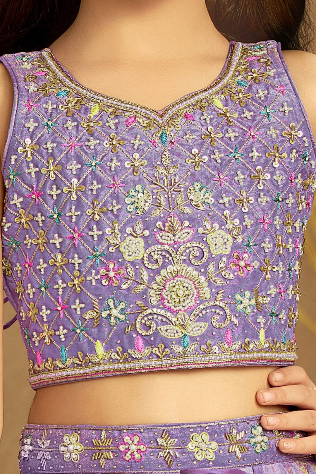 Lavender Beads, Stone, Zari and Multicolor Thread work Lehenga Choli for Girls