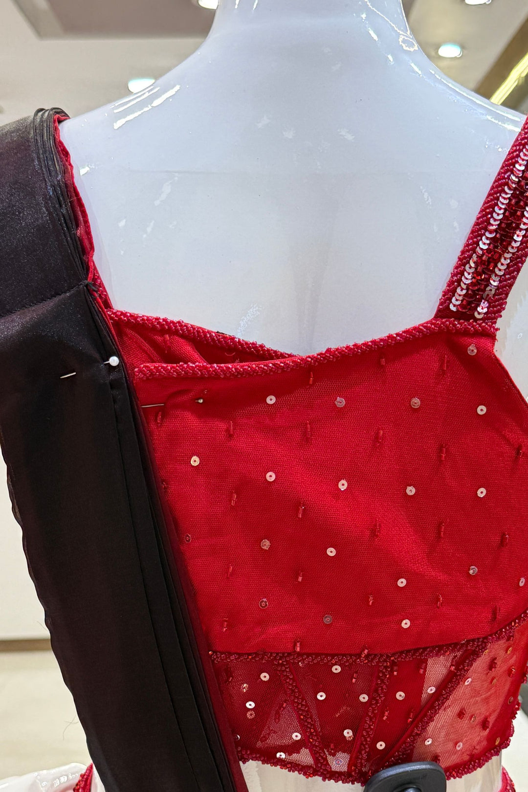 Red with Black Readymade Saree with Beads and Sequins work Readymade Blouse