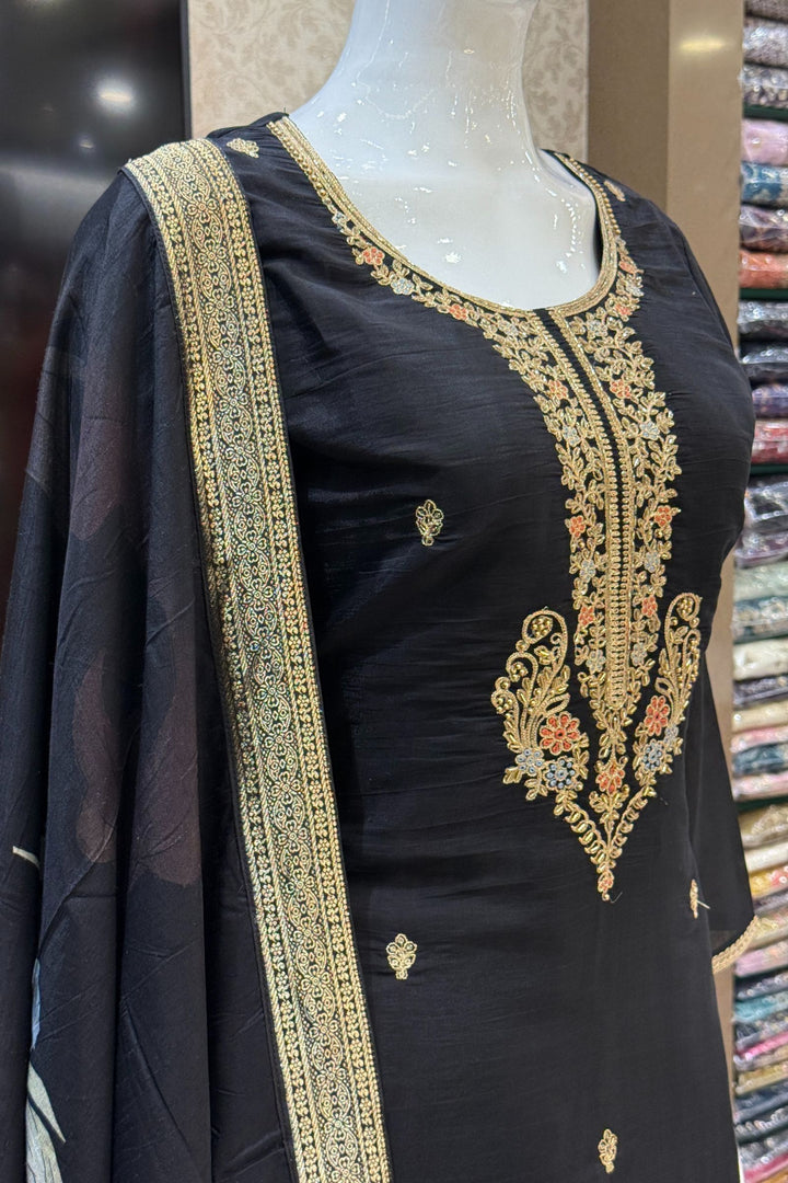 Black Beads, Zari, Sequins and Thread work with Floral Print Straight Cut Salwar Suit