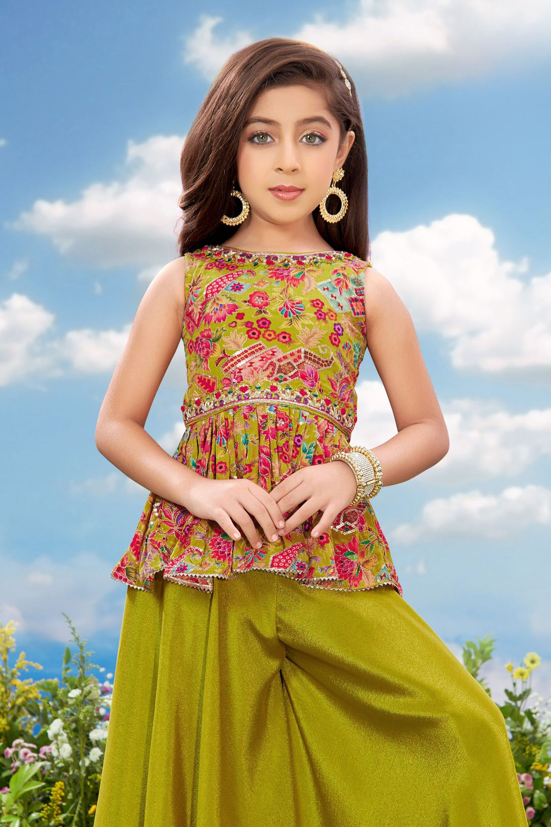 Mehendi Green Zari work with Multicolor Digital Print Peplum Styled Palazzo Set For Girls