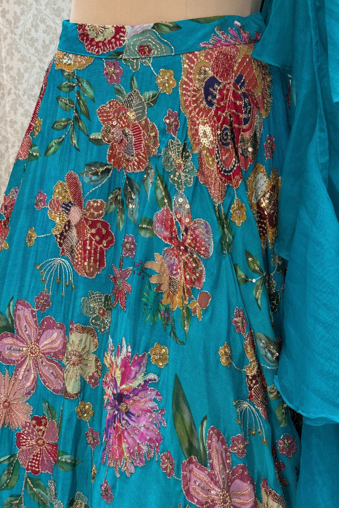 Rama Green Beads, Zardozi, Sequins, Stone and Zari work with Floral Print Lehenga Set