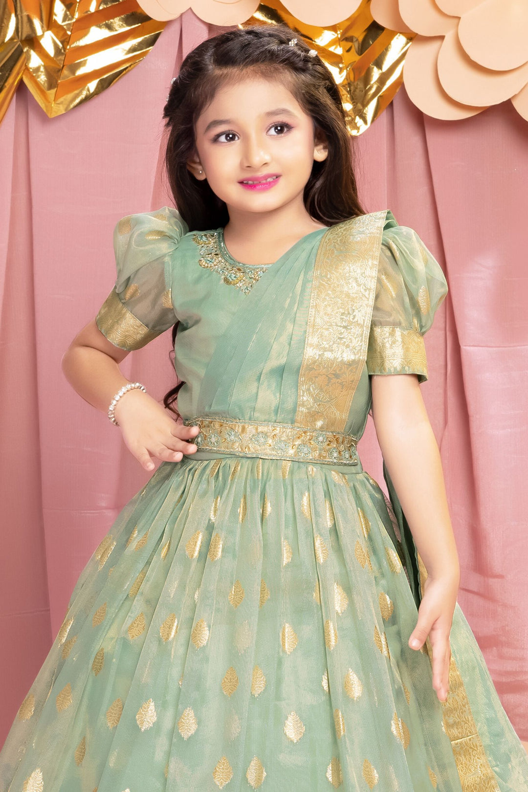 Pista Green Zari, Zardozi, Sequins, Stone and Thread work Long Party Gown for Girls