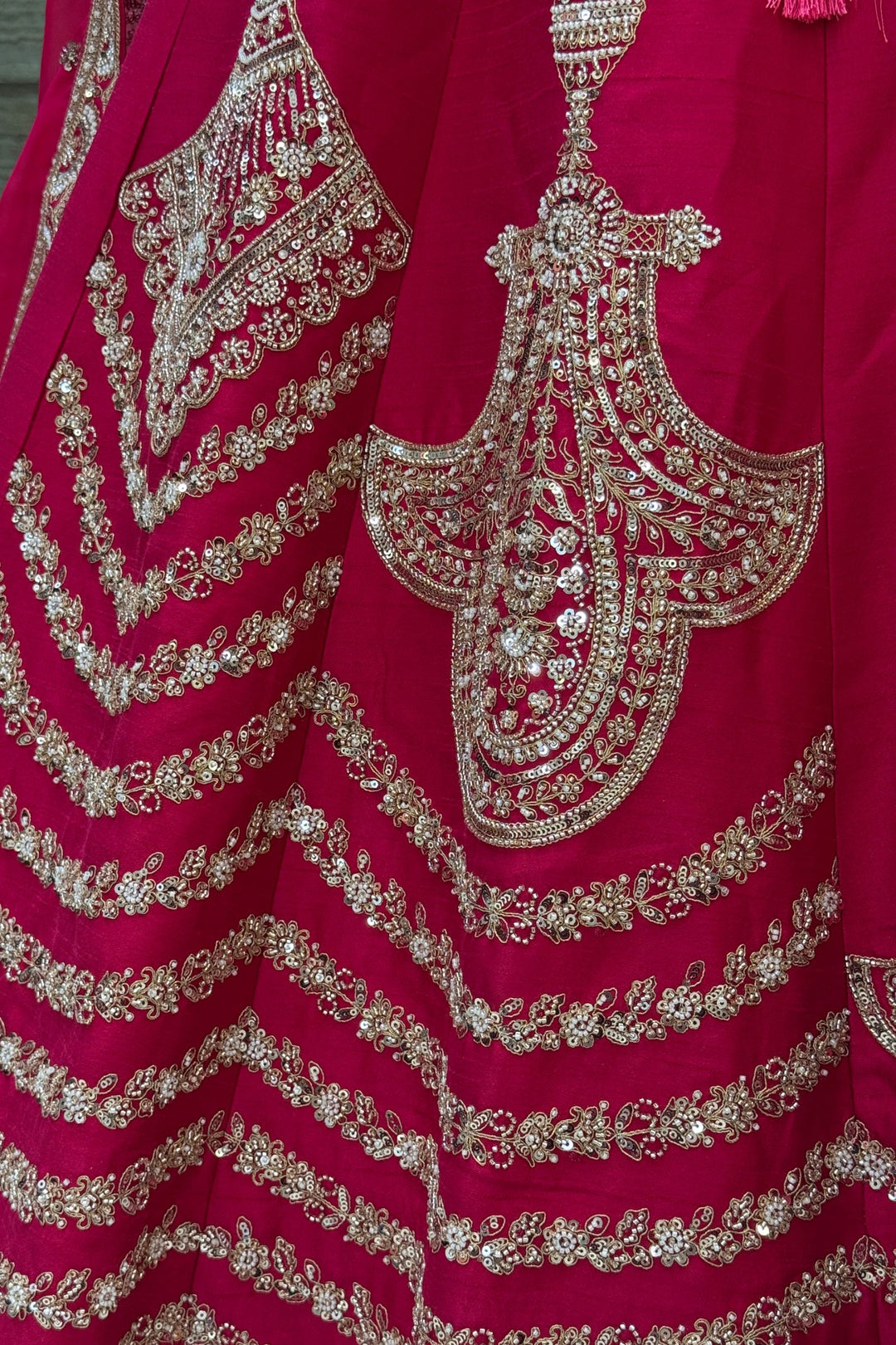 Rani Pink Zari, Sequins, Beads and Zardozi work Crop Top Designer Bridal Lehenga with Belt
