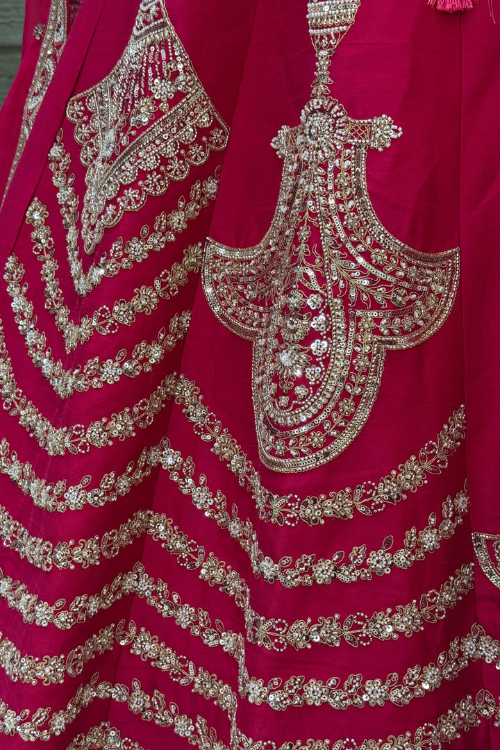 Rani Pink Zari, Sequins, Beads and Zardozi work Crop Top Designer Bridal Lehenga with Belt