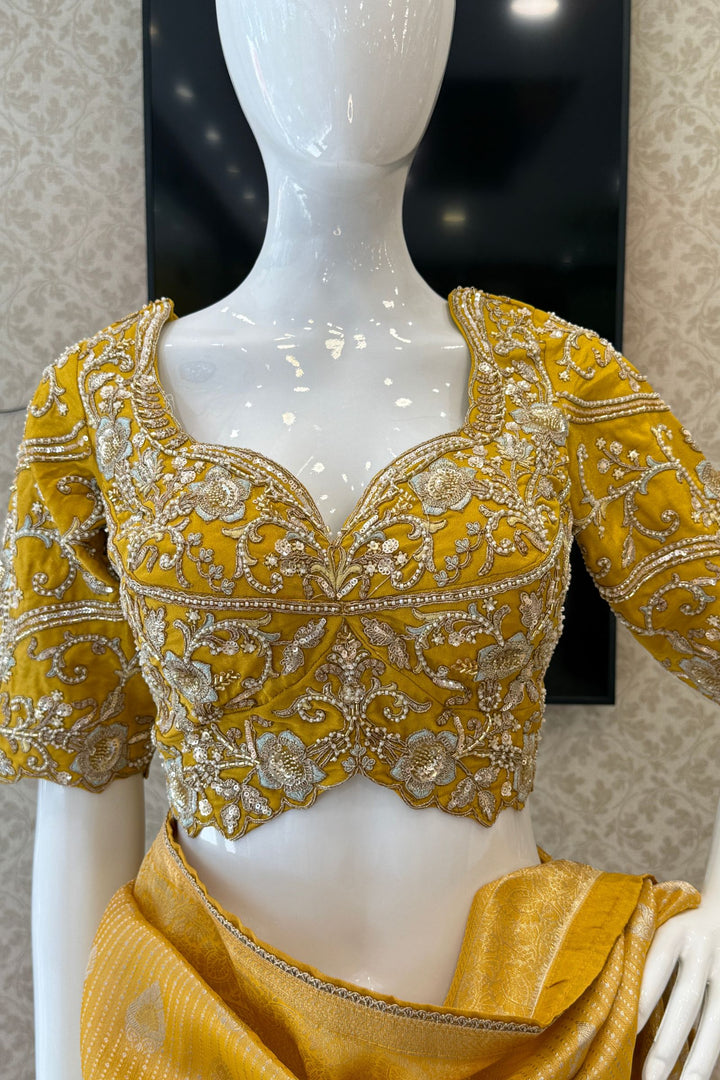 Yellow Zari work Saree with Pearl, Zardozi, Beads and Sequins work Readymade Blouse