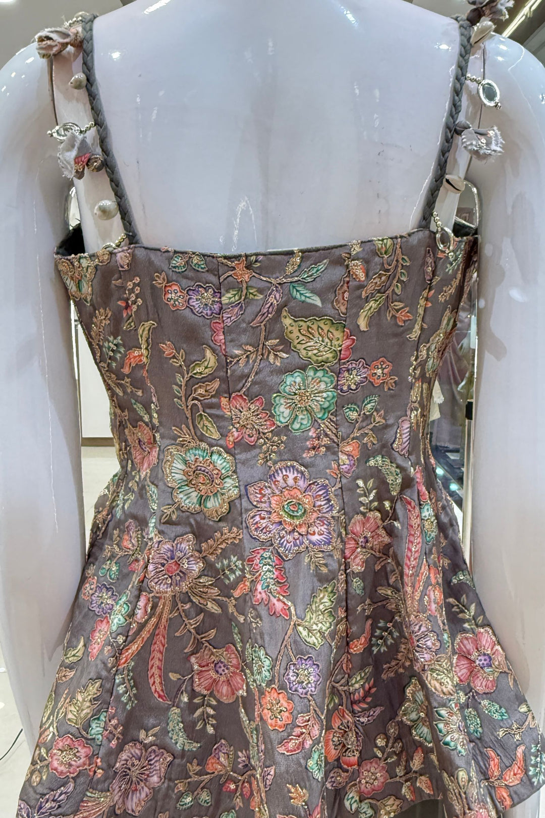 Grey Floral Print Peplum Top and Flared Palazzo Set with Zari and Beads work