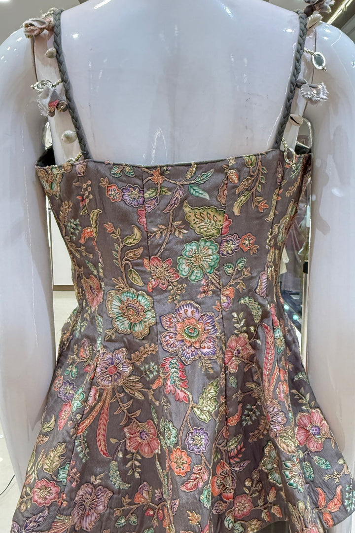 Grey Floral Print Peplum Top and Flared Palazzo Set with Zari and Beads work