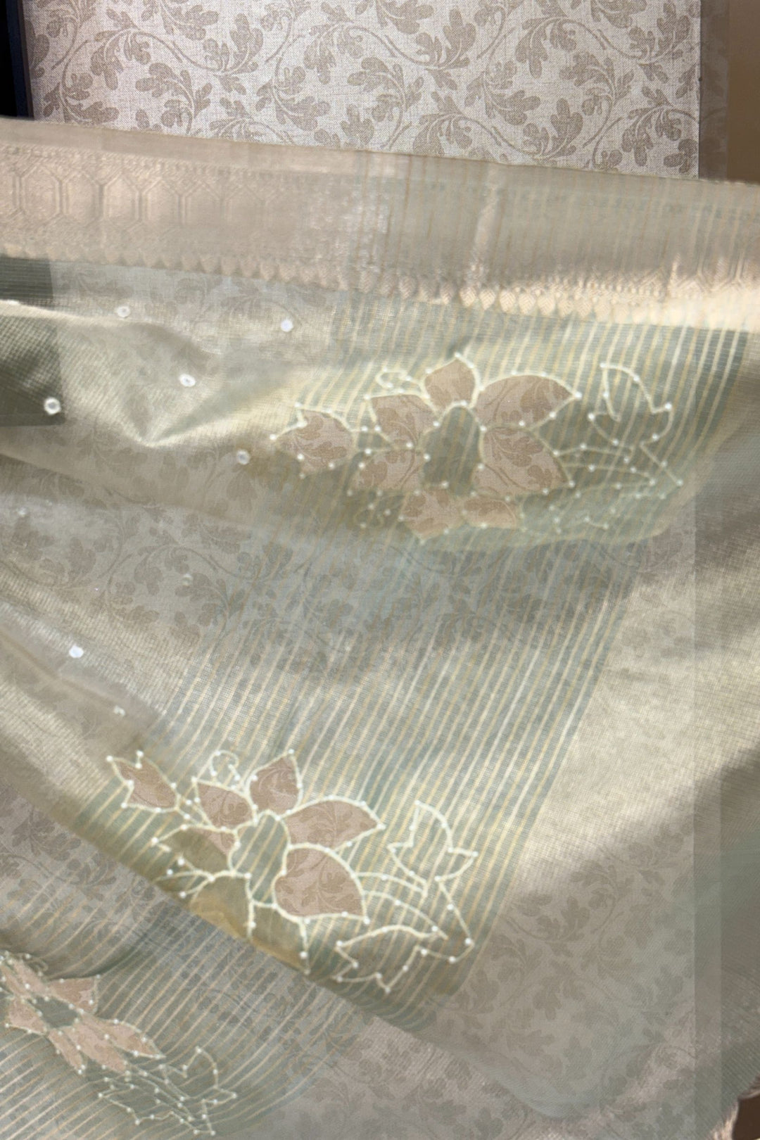 Pista Green Pearl and Thread work Saree