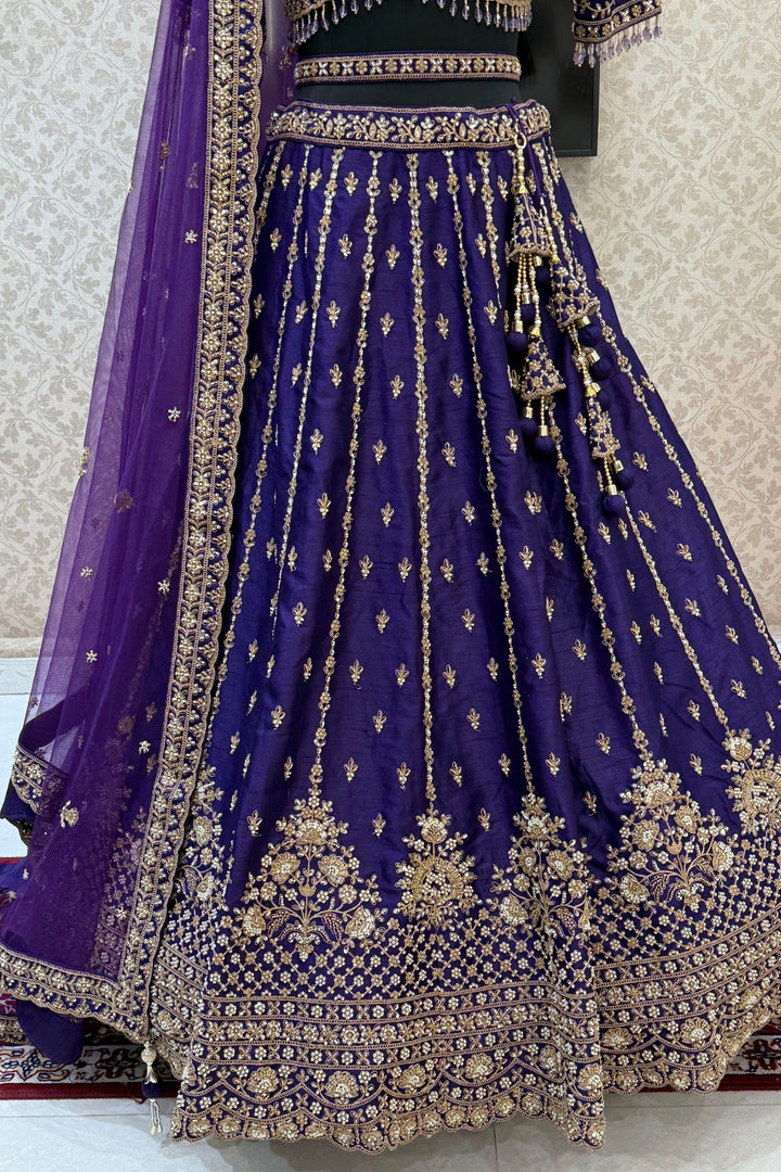 Purple Beads, Zari, Zardozi and Sequins work Crop Top Designer Bridal Lehenga with Belt