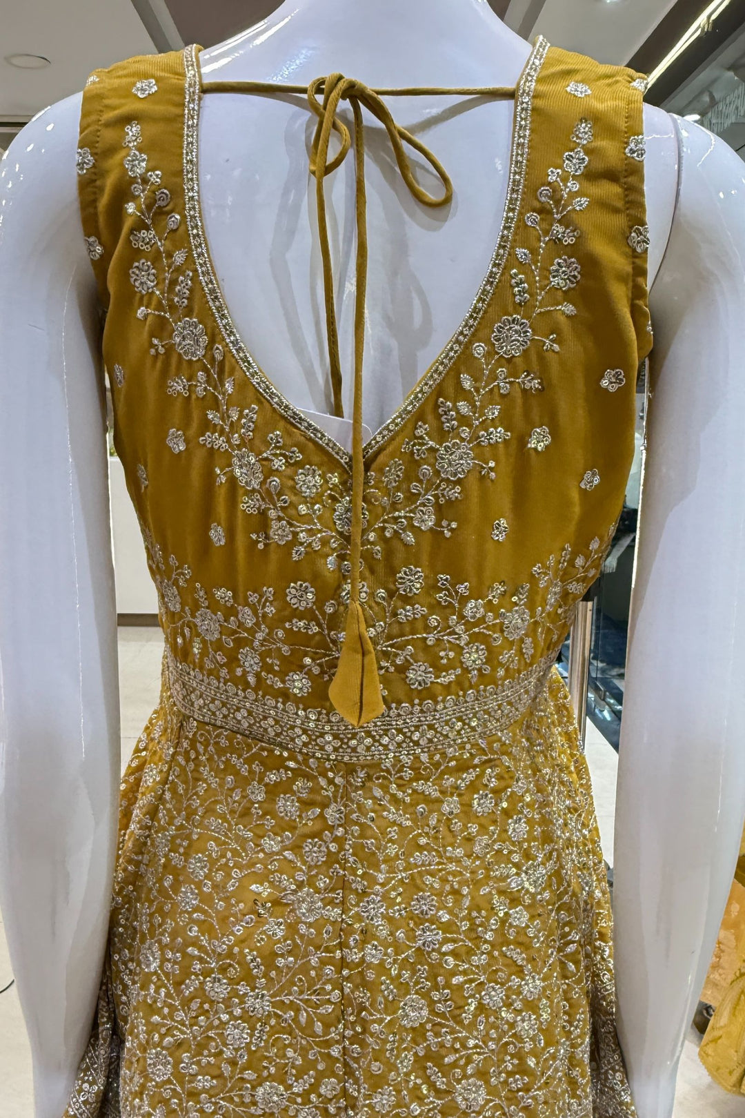 Mustard Silver Zari and Sequins work Peplum Top with Palazzo Suit Set