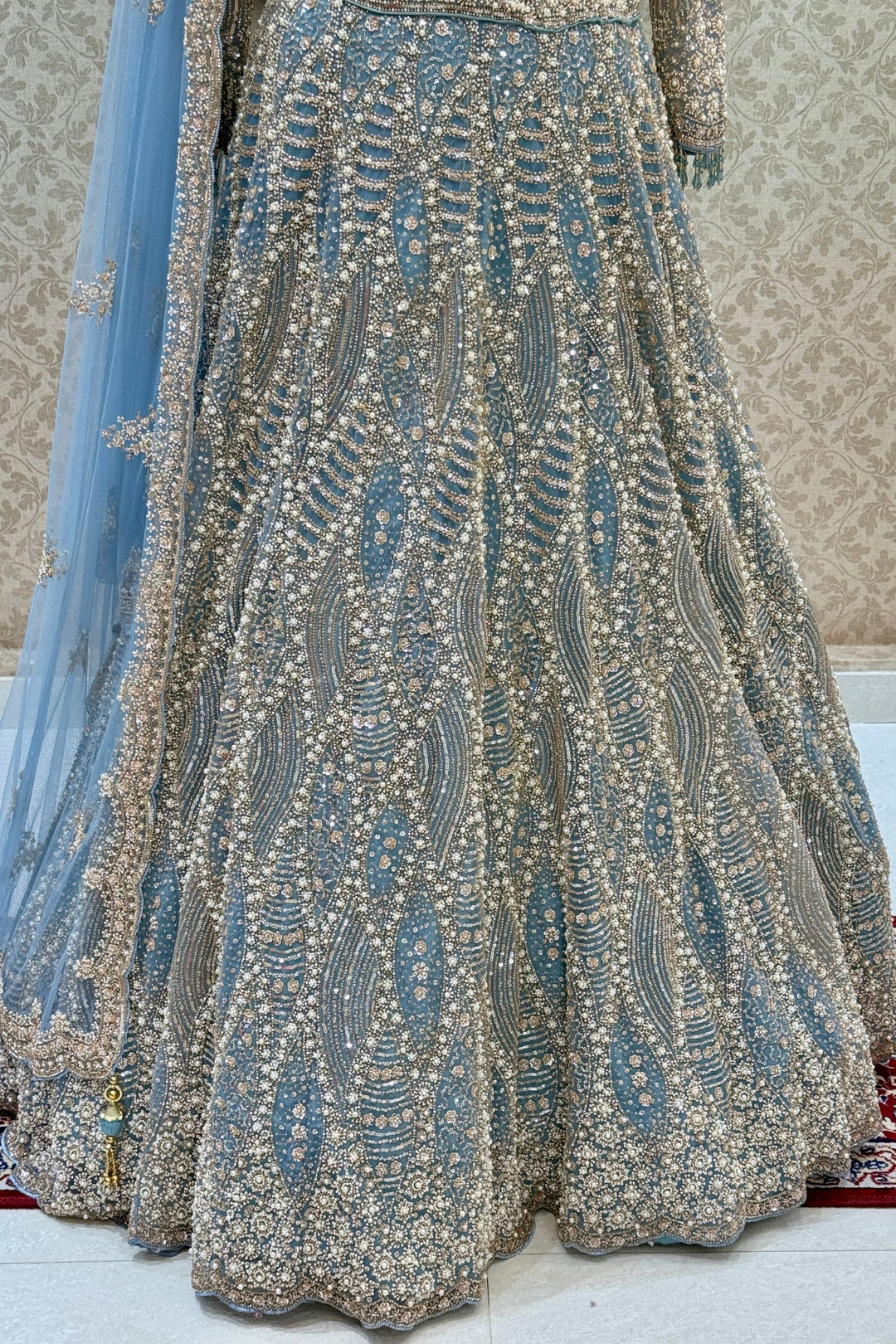Sea Blue Bridal Lehenga with Intricate Beads, Pearl and Sequins Work