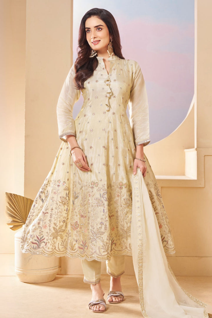 Cream Sequins, Zari, Beads and Multicolor Thread work Anarkali Style Salwar