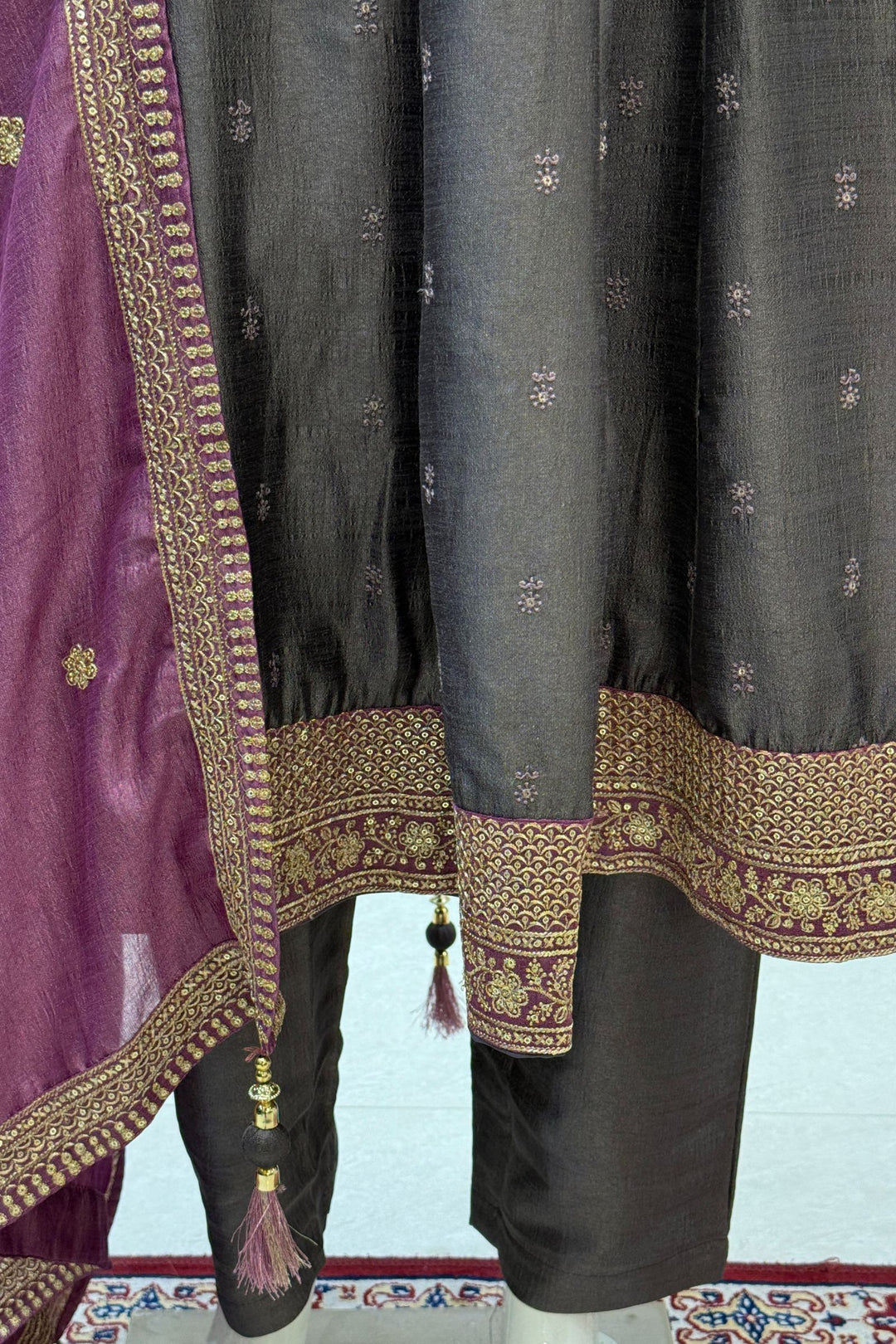 Grey Beads, Zardozi, Thread, Sequins, Stone and Zari work A-line Cut Salwar Suit