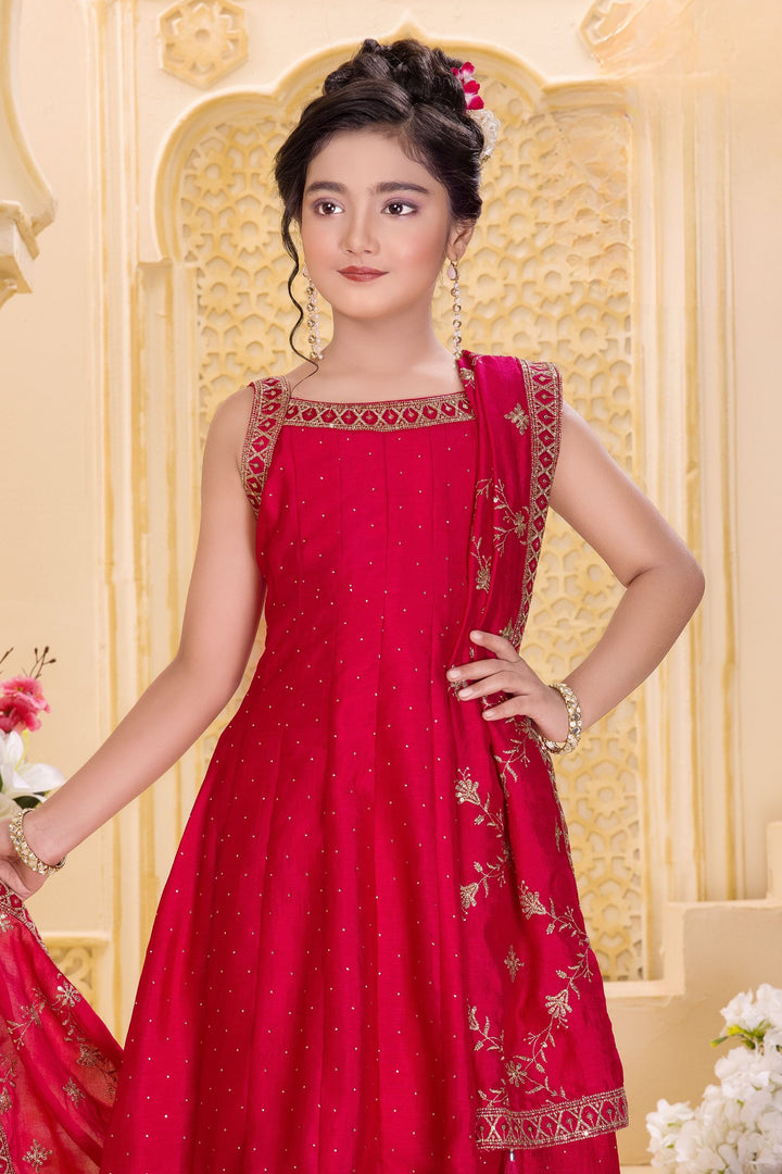 Rani Pink Stone, Zari and Sequins work Anarkali Styled Salwar Set for Girls